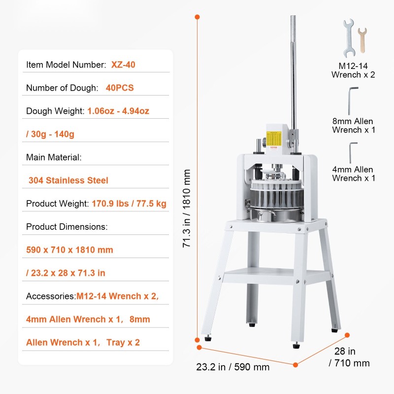 Taikinanjakaja manuaalinen pystysuora 40 palaa 30–140 grammaa ruostumaton teräs