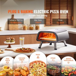 Pöytämallinen 12 tuuman sähkökäyttöinen pizzauuni ruostumattomasta teräksestä pizzakivellä sisä- ja ulkokäyttöön