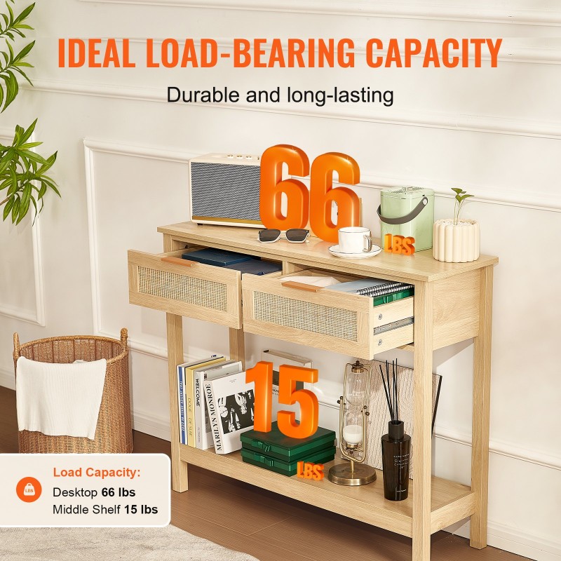 Luonnollinen rottinkinen konsolipöytä MDF-runko kaksi laatikkoa ja liukuovellinen kaappi