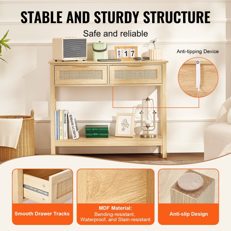 Luonnollinen rottinkinen konsolipöytä MDF-runko kaksi laatikkoa ja liukuovellinen kaappi