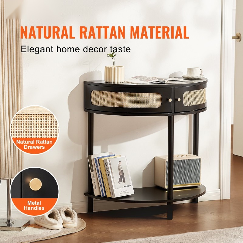 Puolikuun muotoinen rottinkikonsolipöytä MDF runko luonnonrottinki liukuovi 2 laatikkoa musta