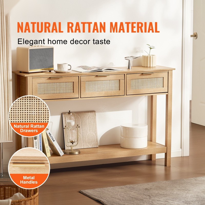 Rottinkinen konsolipöytä MDF-runko 130,5 cm 3 laatikkoa eteiseen