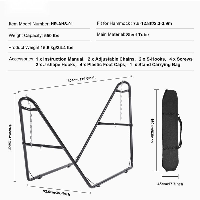 Riippumattoteline teräsputkinen kahden hengen 250 kg kantavuus 2,3–3,9 m pitkille riippumatoille