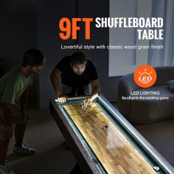Shuffleboard-pöytä MDF-levy 9 jalan LED-valaistus kaksipuolinen shuffleboard- ja keilapeli 8 kiekkoa