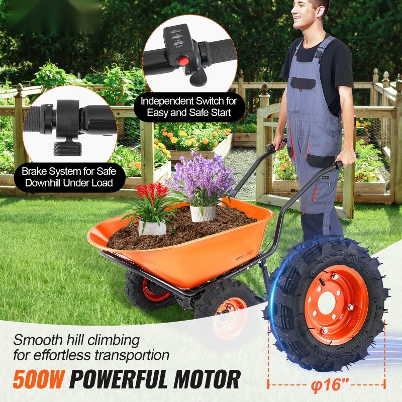 Sähkökäyttöinen puutarhakärry 500 watin moottori 260 kg kantavuus rautarunko 16-tuuma renkaat