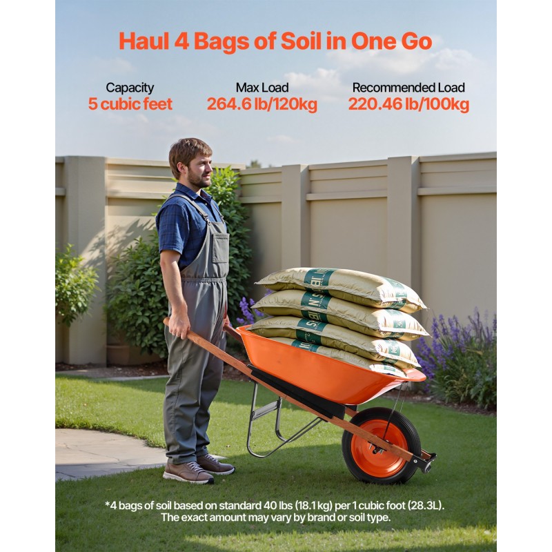 Yhden pyörän puutarhakärry rautarunko 140 l 150 kg pehmustettu metallikahva