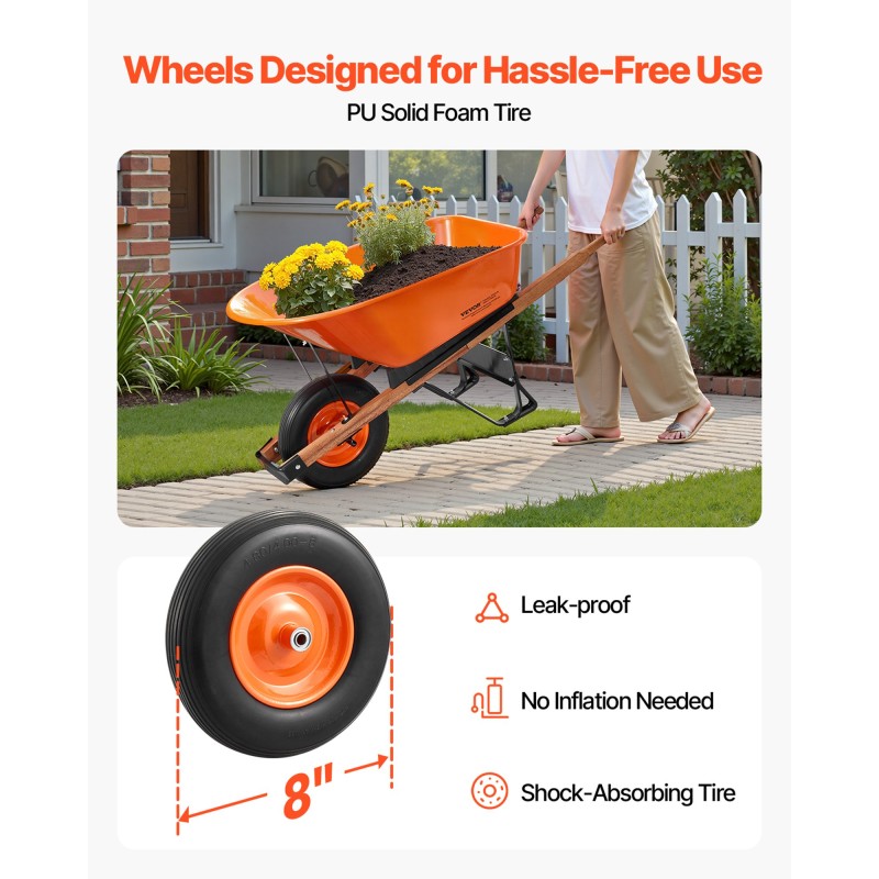 Puutarhakärry yksipyöräinen teräsrunko 16 tuuman vaahtopyörä 150 kg kantavuus