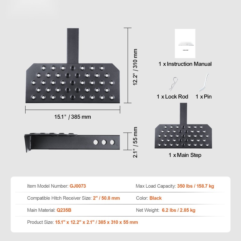 Vetokoukkuaskelma teräs 2 tuuman vetokoukkuvastaanottimelle korroosionkestävä pinnoite 158,7 kg kantavuus
