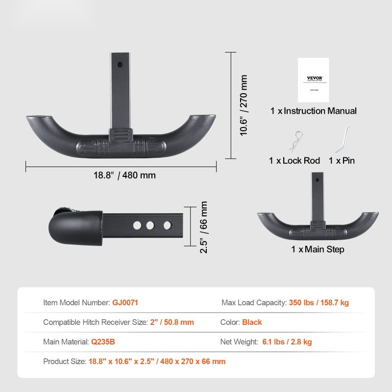 Vetokoukun askelma teräspinnoitettu 50,8 mm vastaanottimeen kantavuus 158,7 kg
