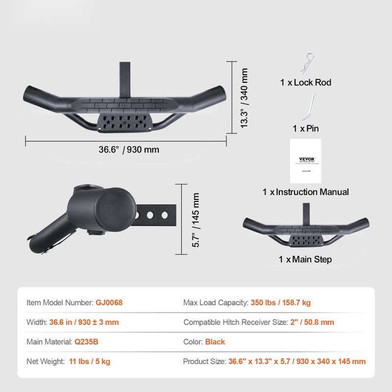 Astinlauta 2-tuumaiselle vetokoukkuvastaanottimelle teräs 930 mm 158,7 kg musta