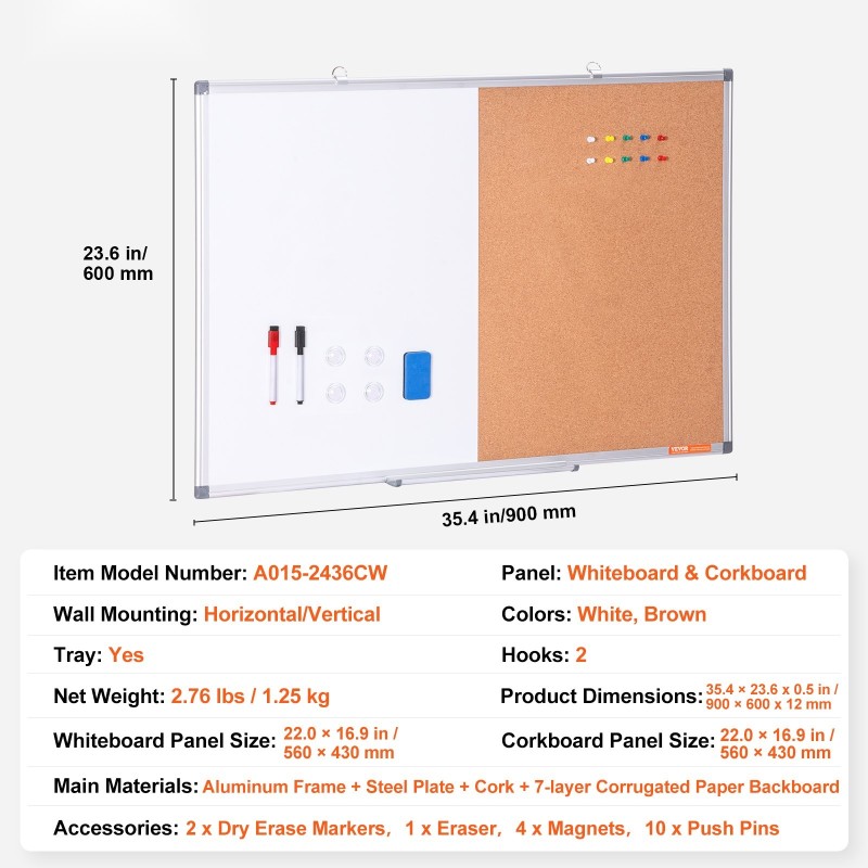 Yhdistelmätaulu alumiinikehyksellä 60 x 90 cm magneettinen valkotaulu ja korkkitaulu