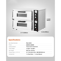 Sähköinen kaksitasoinen pöytäpizzauuni 25–450 °C 2500W+2500W omilla säädöillä