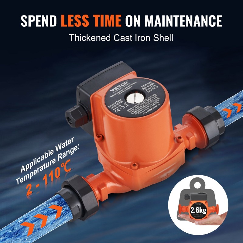 Lämminvesikiertopumppu 1,5 tuuman kierreliitäntä 60 l/min 6 m valurautarunko kolmiportainen nopeudensäätö