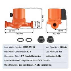 Lämminvesikiertopumppu 1,5 tuuman kierreliitäntä 60 l/min 6 m valurautarunko kolmiportainen nopeudensäätö