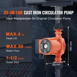 Kiertovesipumppu valurautarunko kuparimoottori 50 L/min 4 m 38 mm kierreliitäntä kolmiportainen nopeudensäätö