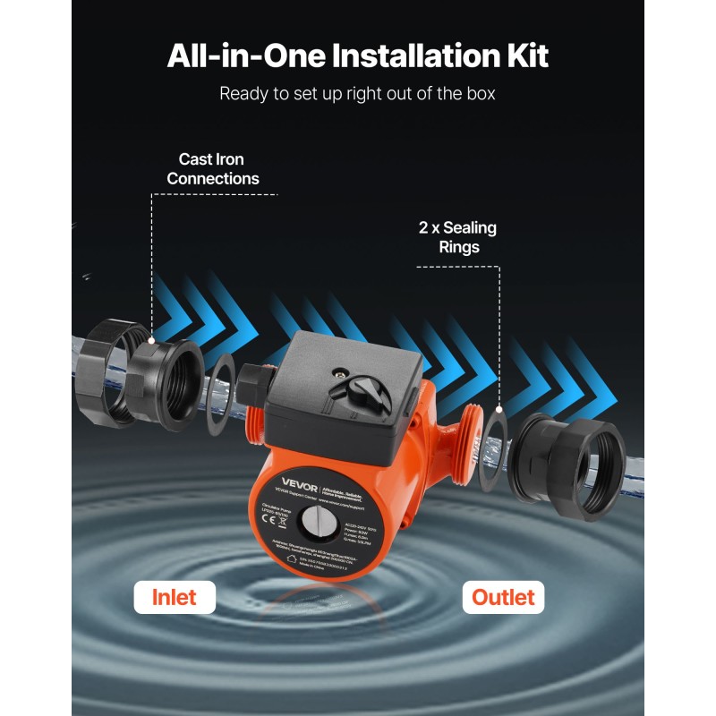 Valurautainen kiertovesipumppu kodin lämmitykseen 55 l/min 3-portainen kierteellinen