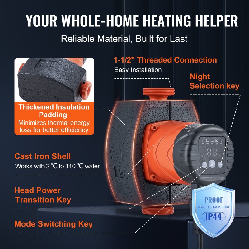Lämminvesikiertopumppu valurautarunko 220V 67 l/min 8 m 38 mm kierteinen liitäntä