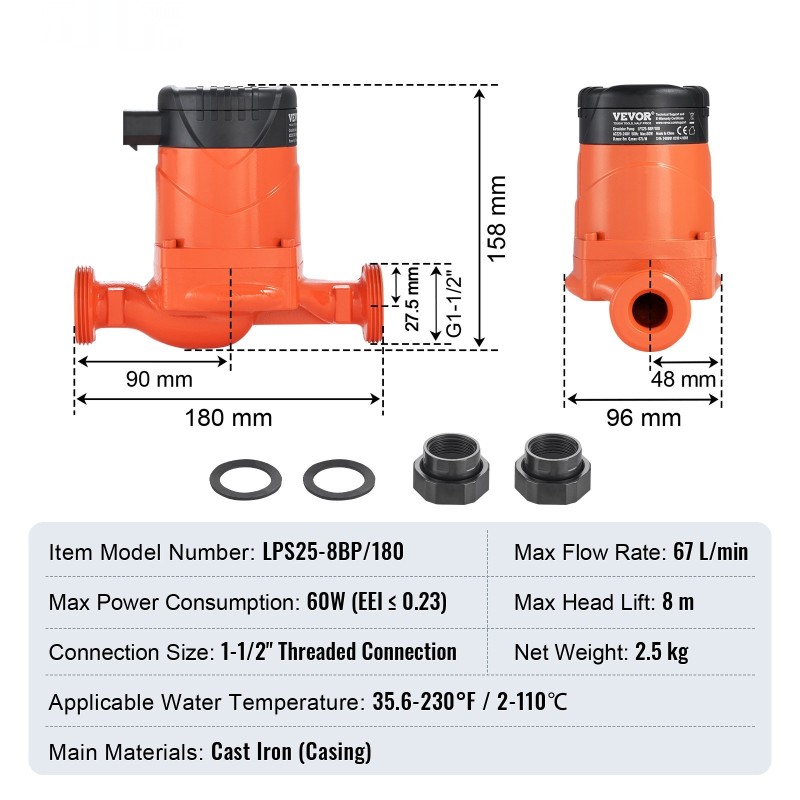Lämminvesikiertopumppu valurautarunko 220V 67 l/min 8 m 38 mm kierteinen liitäntä