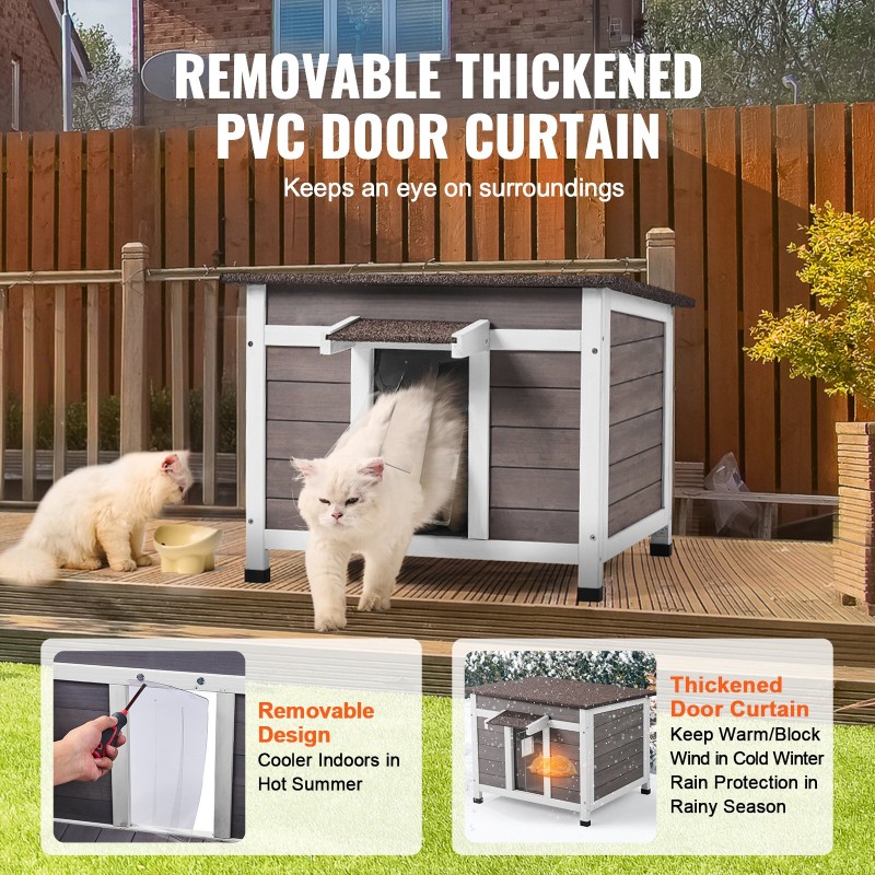 Puinen säänkestävä ulkokissatalo kuusipuusta 600x530x465 mm harmaa muoviverholla yksikerroksinen usealle kissalle