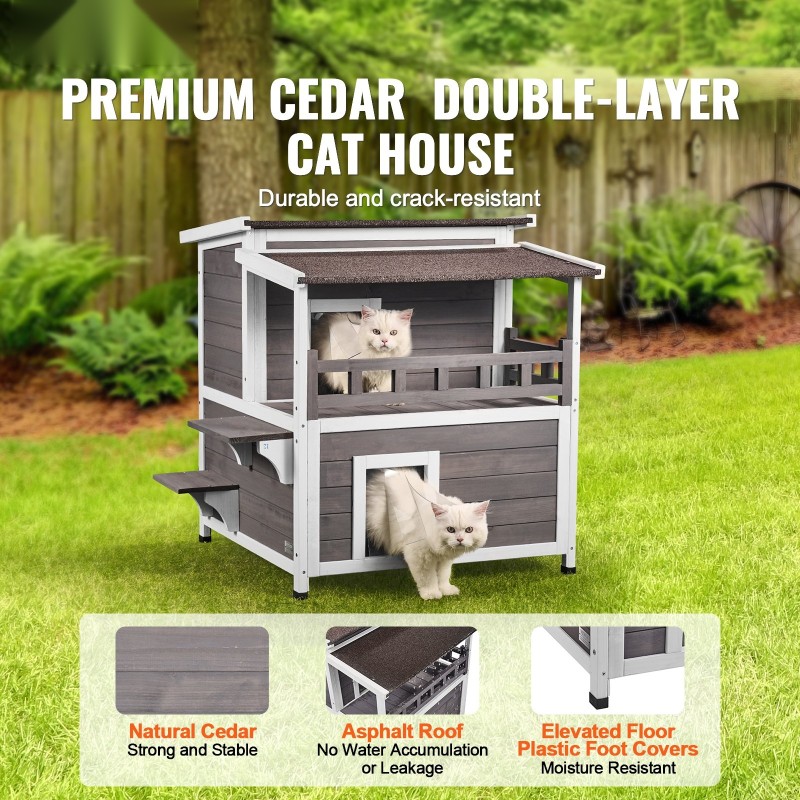 Puinen säänkestävä kaksikerroksinen ulkokissatalo parvekkeella 75x75x82 cm