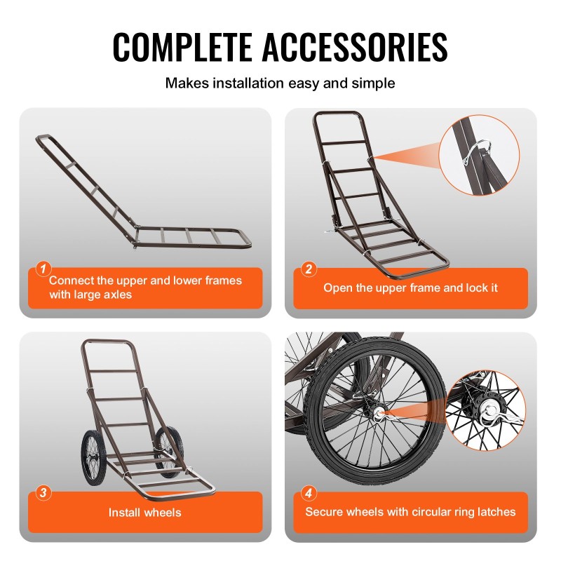 Taittuva riistankuljetusvaunu paksusta seosteräksestä 136 kg kantavuus täyskumirenkailla ergonomisella kahvalla