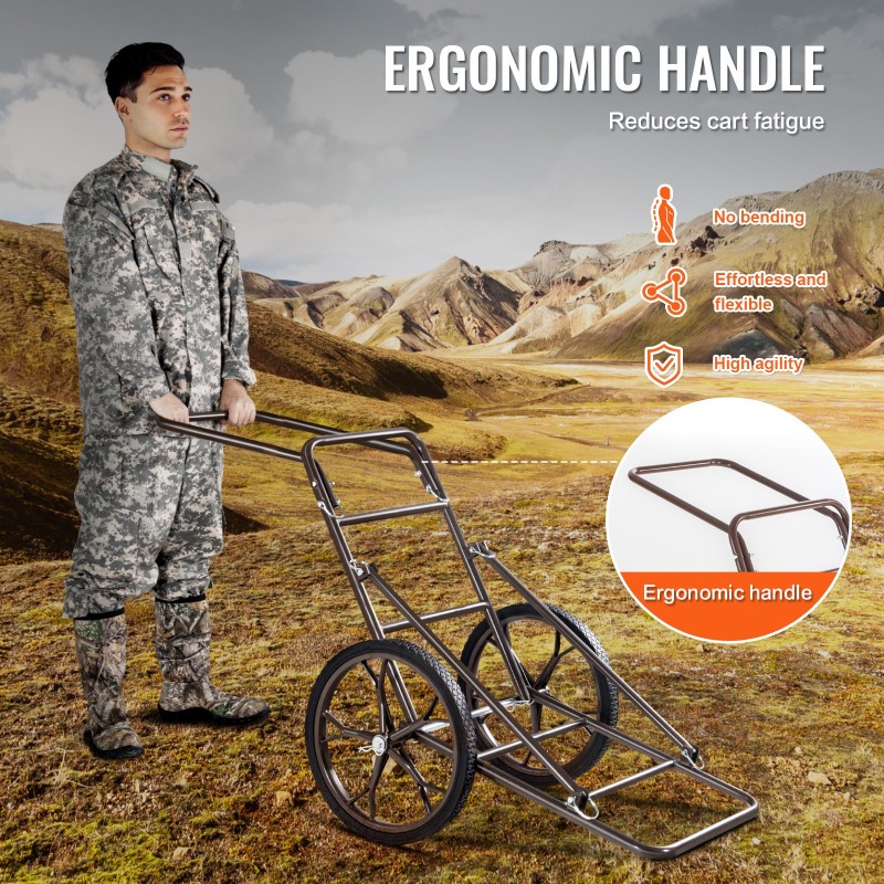 Taittuva riistakärry teräsrunko 227 kg kantavuus 420 mm kumirenkaat ergonominen kahva