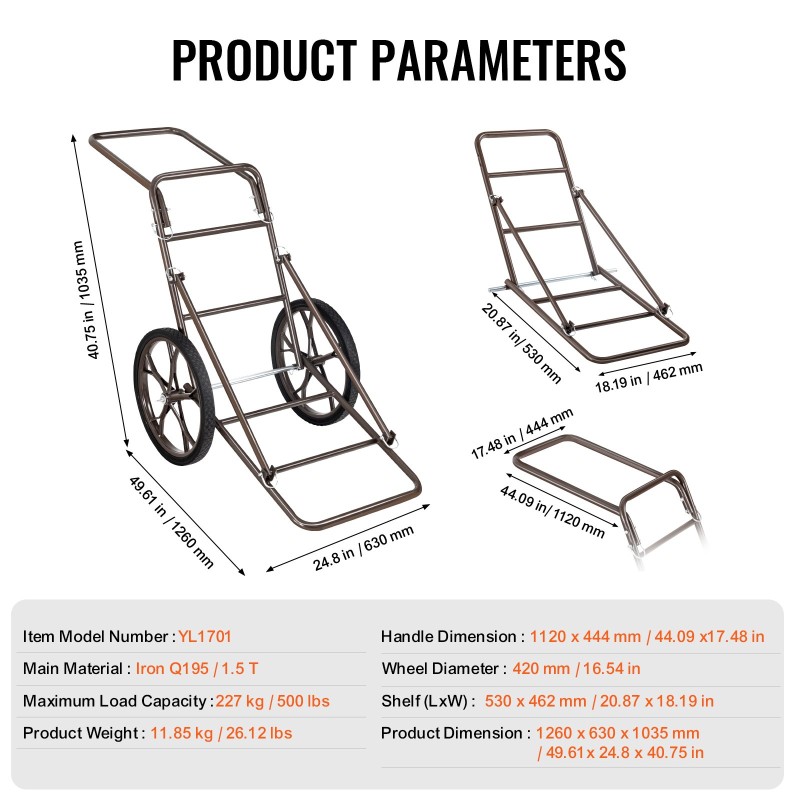Taittuva riistakärry teräsrunko 227 kg kantavuus 420 mm kumirenkaat ergonominen kahva