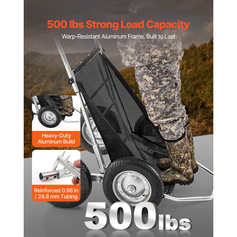 Taittuva metsästyskärry alumiiniseos ja sinkitty teräsrunko 227 kg kantavuus nelirenkaat