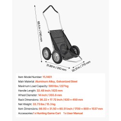 Taittuva metsästyskärry alumiiniseos ja sinkitty teräsrunko 227 kg kantavuus nelirenkaat