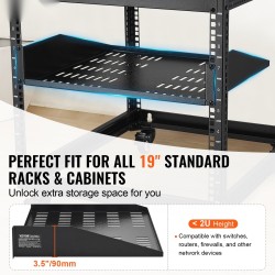 2U telinehylly hiiliteräs 19-tuuman verkkotelineisiin 406 mm syvyys 22,68 kg kantavuus