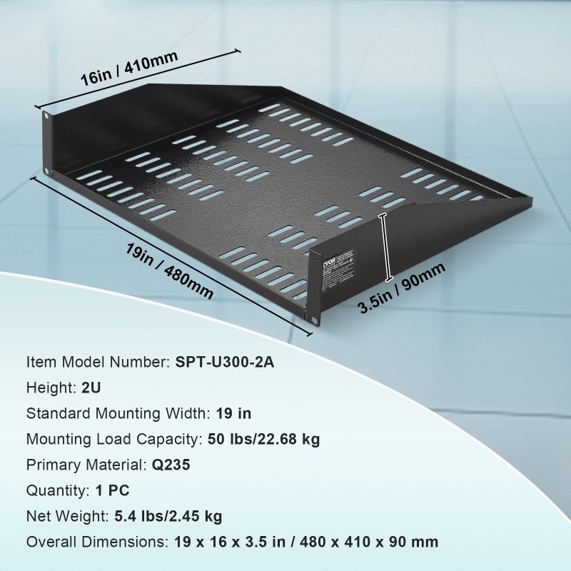 2U telinehylly hiiliteräs 19-tuuman verkkotelineisiin 406 mm syvyys 22,68 kg kantavuus