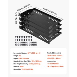 1U räkkihyllysarja 4 kpl hiiliteräs tuuletettu 22,68 kg kantavuus 254 mm syvyys