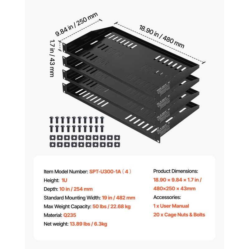 1U räkkihyllysarja 4 kpl hiiliteräs tuuletettu 22,68 kg kantavuus 254 mm syvyys