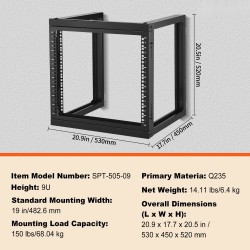 9U seinäkiinnitteinen avokehikkoinen palvelin ja verkkoteline hiiliteräs 68 kg musta