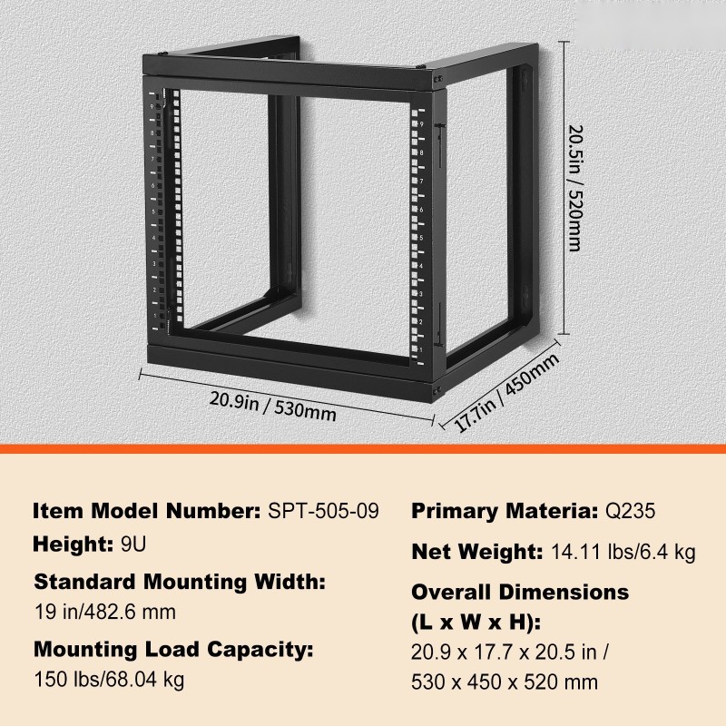 9U seinäkiinnitteinen avokehikkoinen palvelin ja verkkoteline hiiliteräs 68 kg musta