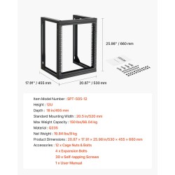 Seinäkiinnitteinen 12U avokehikkoinen palvelinräkki hiiliteräs 68 kg 520 mm musta