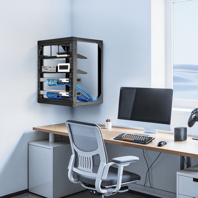 Seinäkiinnitteinen 12U avokehikkoinen palvelinräkki hiiliteräs 68 kg 520 mm musta