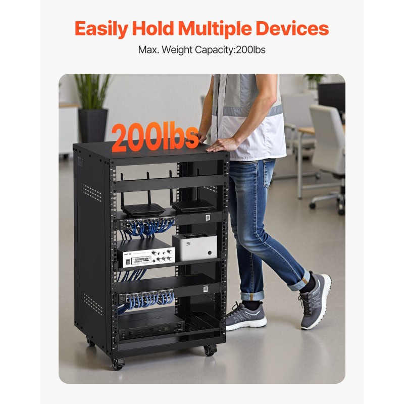 16U avoin audio- ja videoteline hiiliterästä 90,7 kg kantavuus lukittavat pyörät