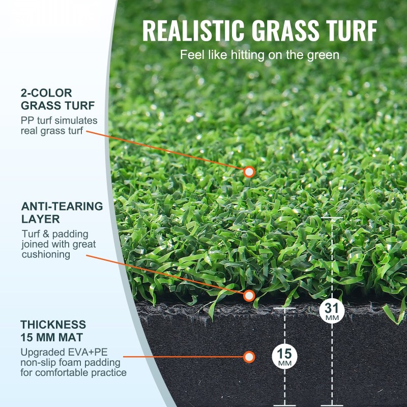 Golf-lyöntialusta PP-tekonurmi 152x122cm 15mm paksu 10 palloa ja 9 tiitä