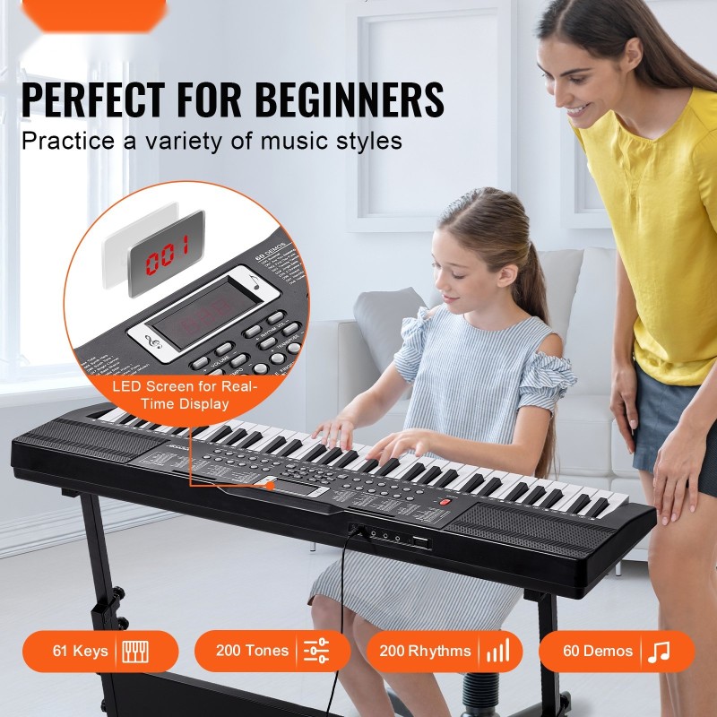 61-koskettiminen digitaalipiano 200 ääntä 200 rytmiä 60 demokappaletta sisäänrakennetut kaiuttimet kuulokkeet mukana