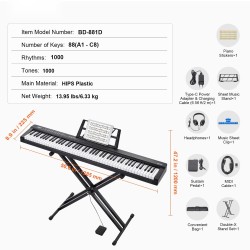Digitaalipiano 88 kosketinta puolipainotetut koskettimet sisäänrakennetut kaiuttimet säädettävä teline Bluetooth USB