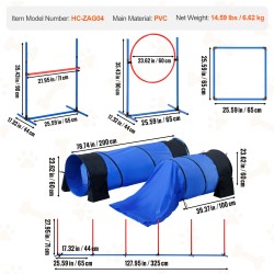 Koirien agilityharjoittelusetti muovia seitsemän osaa kuusi pujottelukeppiä kaksi tunnelia