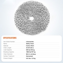 Kelaketju hiiliteräs galvanoitu 3,5 mm 10,05 m 158 kg 2 pikalukkoa