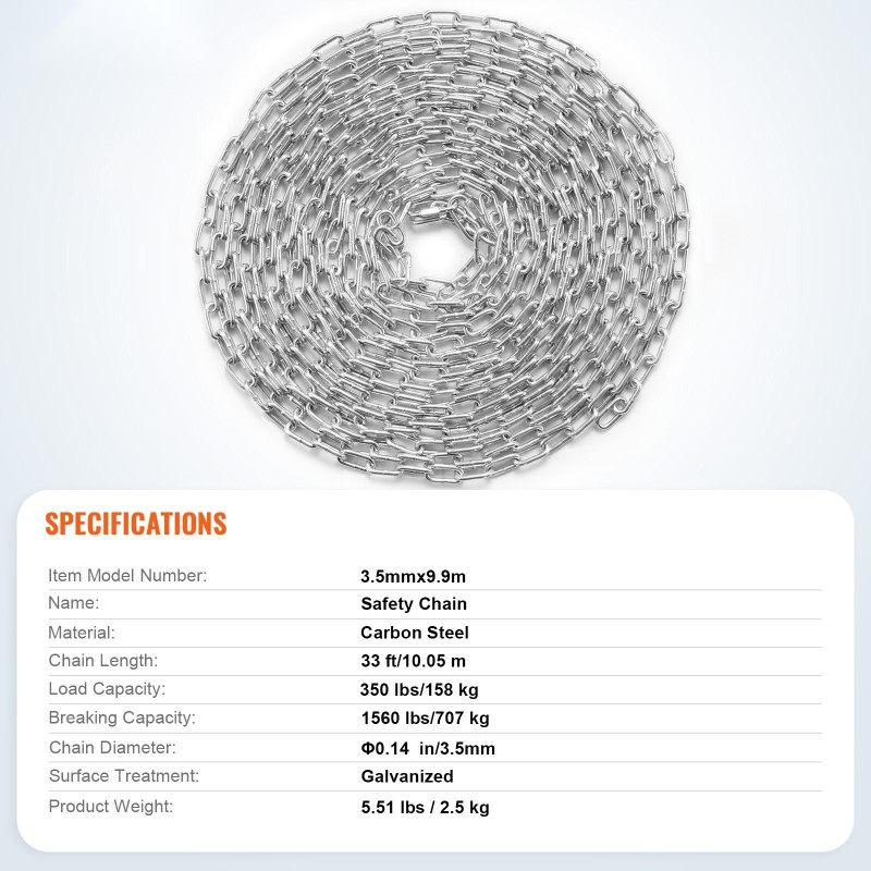 Kelaketju hiiliteräs galvanoitu 3,5 mm 10,05 m 158 kg 2 pikalukkoa