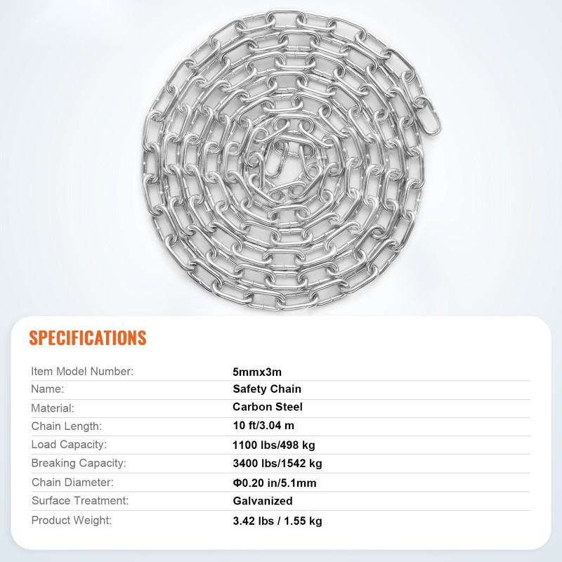 Sähkösinkitty hiiliteräsketju 3,04 m 5,1 mm 498 kg käyttömurtokuorma kaksi pikalukkoa