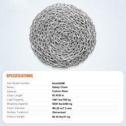 Galvanoitu hiiliteräsketju 8 mm 28 m 756 kg kantavuus kaksi pikalukkoa