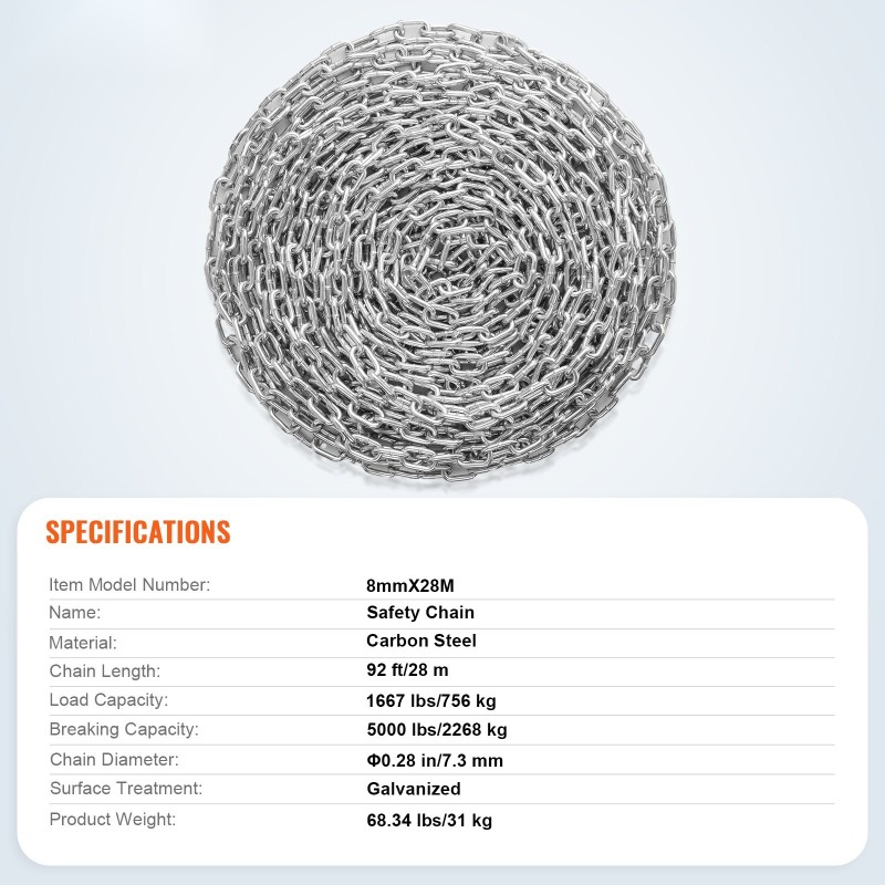 Galvanoitu hiiliteräsketju 8 mm 28 m 756 kg kantavuus kaksi pikalukkoa
