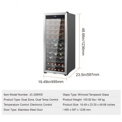 Vapaasti seisova kaksialueinen viinikaappi kahdeksankymmentä pulloa peililasiovella UV-suojalla puuhyllyillä