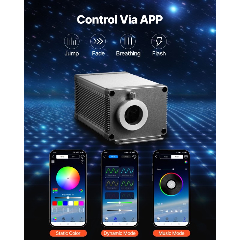 Kuituoptinen tähtikatto 450 kuitua 0,76 mm 3 m 16W RGBW-valomoottori Bluetooth-ohjaus