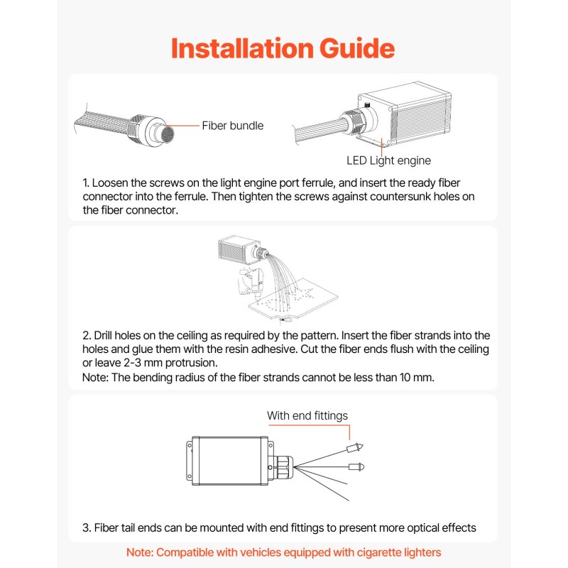 Kuituoptinen tähtikatto 450 kuitua 0,76 mm 3 m 16W RGBW-valomoottori Bluetooth-ohjaus
